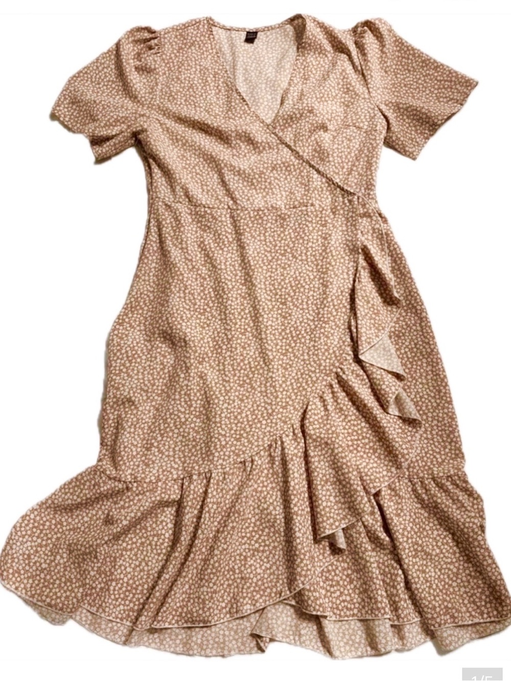 SHEIN Pink Floral Faux Wrap Dress with Ruffle Hem and Flutter Sleeves SZ. L